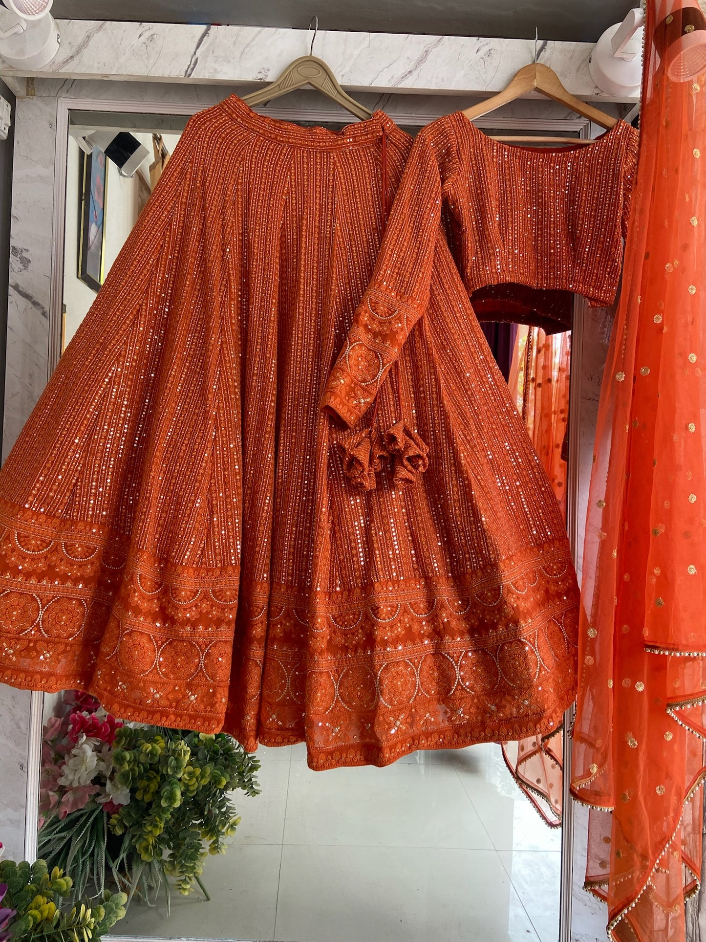 Rust Chikankari Lehnga with Sequin Work