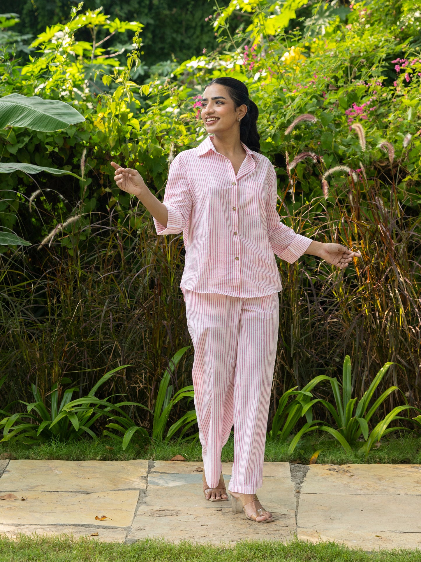 Pink Handblock Print Shirt & Trousers Set
