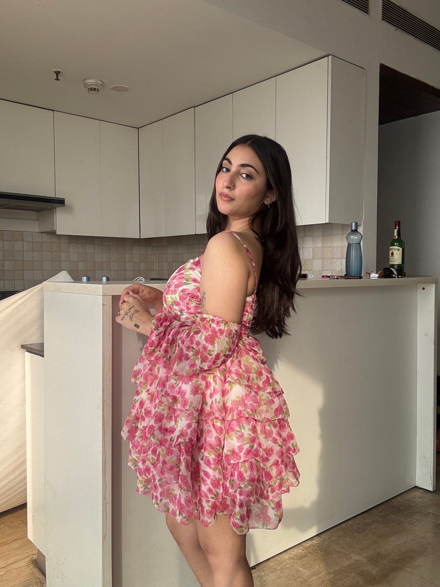 Peony Puff Flare Dress With Detachable Puff Sleeves