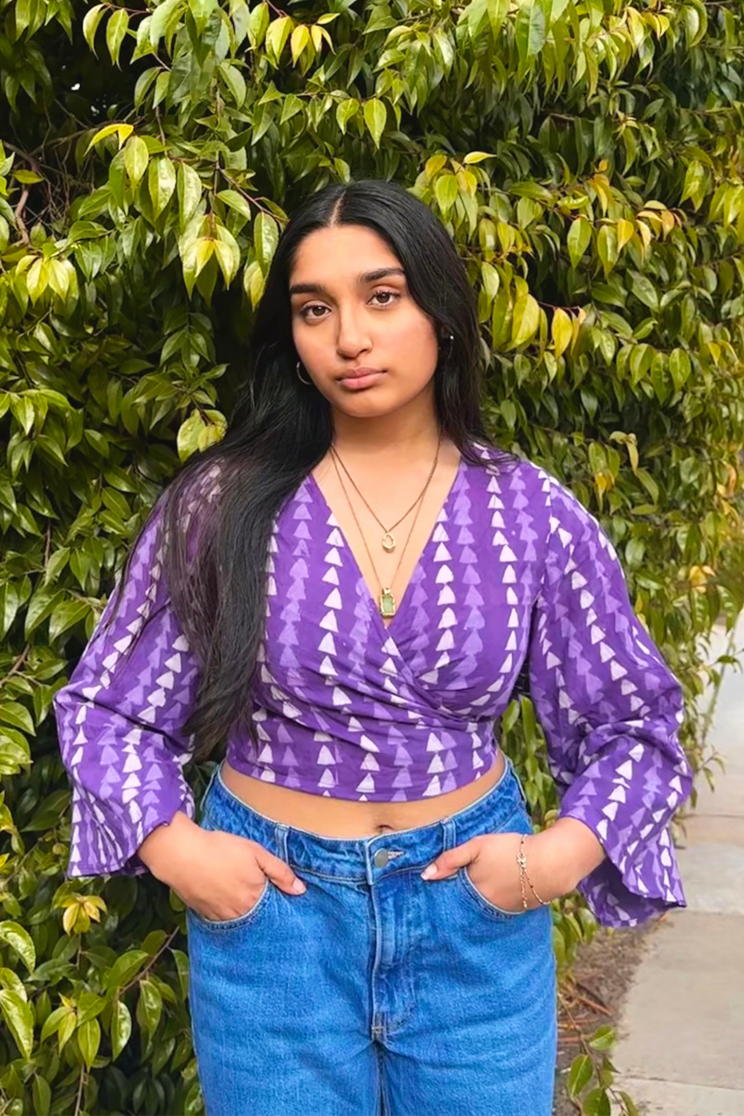 Pure Cotton Hand-Block Print Violet Wrap Top in Purple