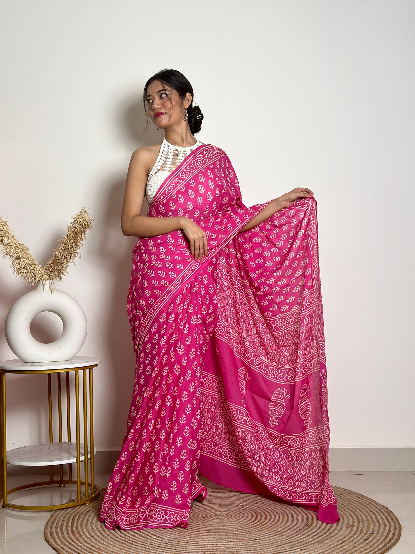 Candy Pink Poppins Handblocked Mul - Cotton Saree