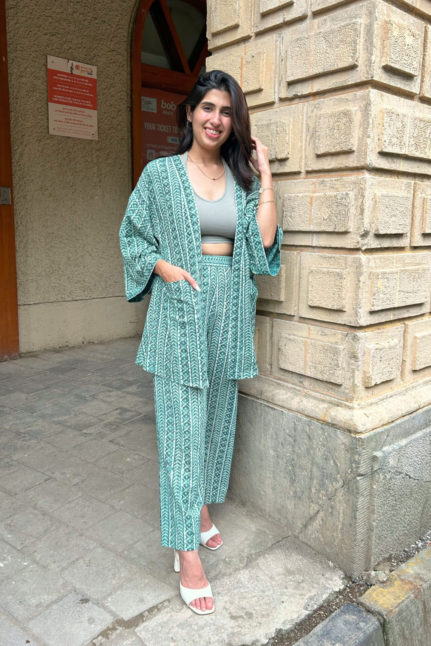 Geometric Earthy Green Hand-Block Shrug and Pant Set