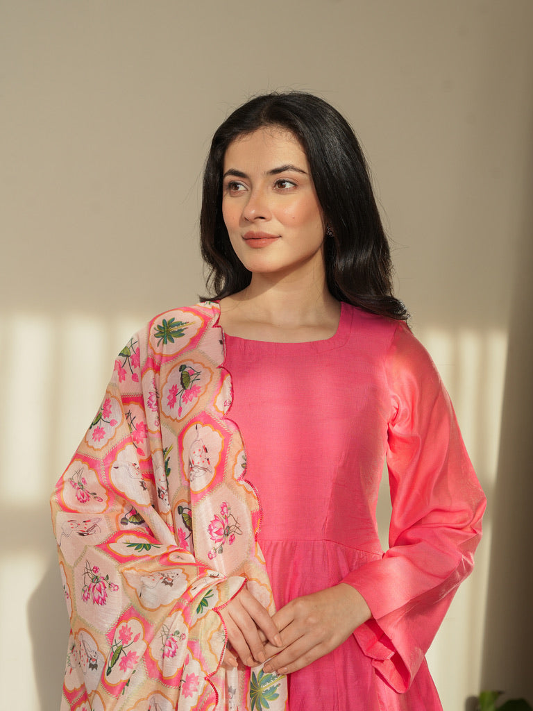 Jaana Pink Chanderi Anarkali Suit with Aari Embroidery & Digital Print Floral Jaal Dupatta