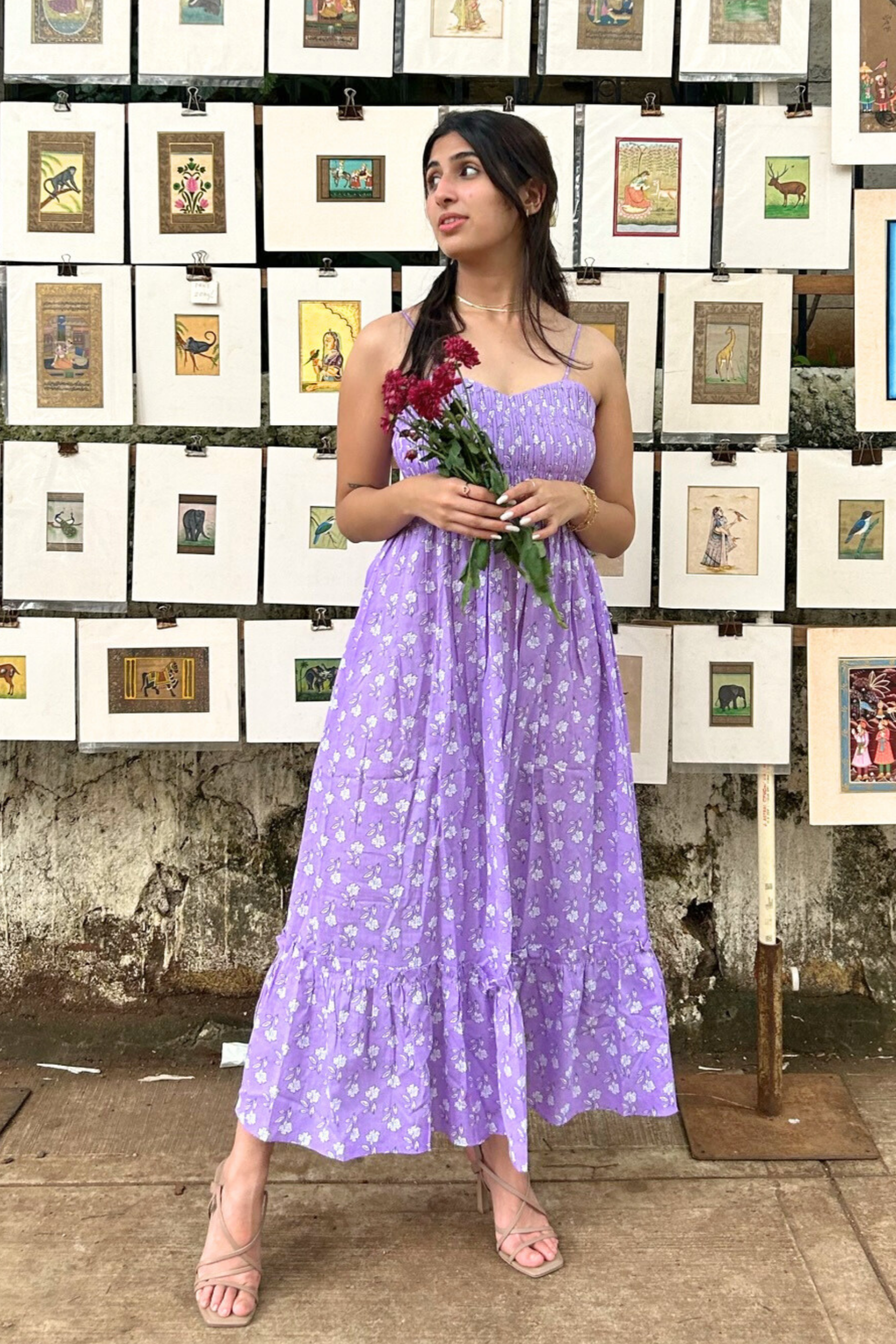 Lilac Pure Cotton Hand-Printed Long Flower Dress with Pocket