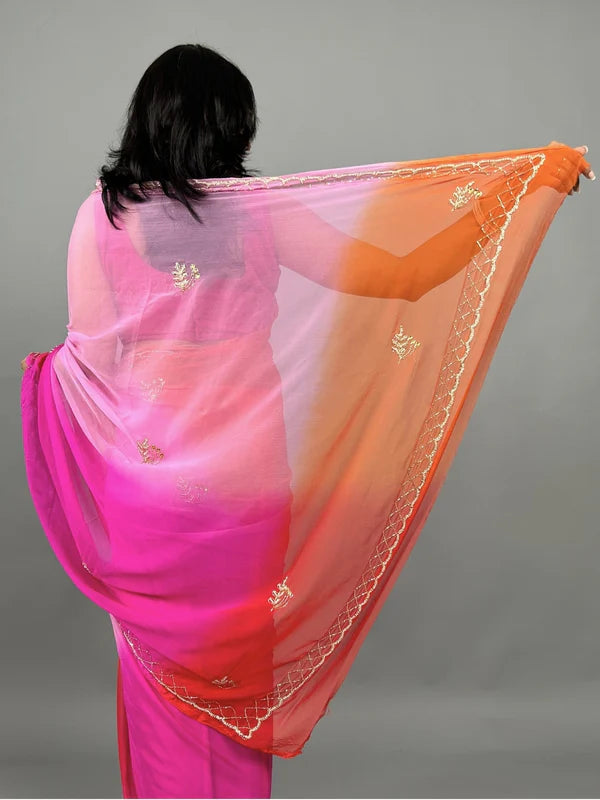 Rani Ombre Shades of Pink Pre Pleated Chiffon Saree