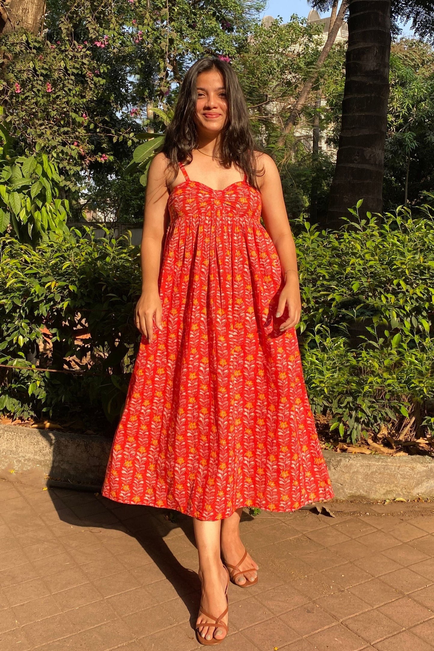 Crimson Red Floral Hand-Printed Cotton Maxi Dress with Pocket