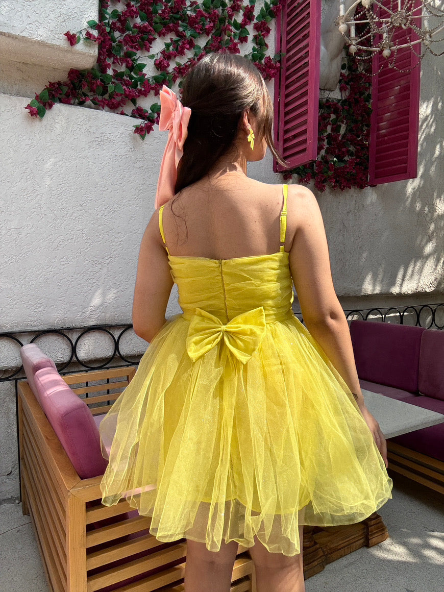 Luxe Sparkle Bow Dress With Detachable Puff Sleeves