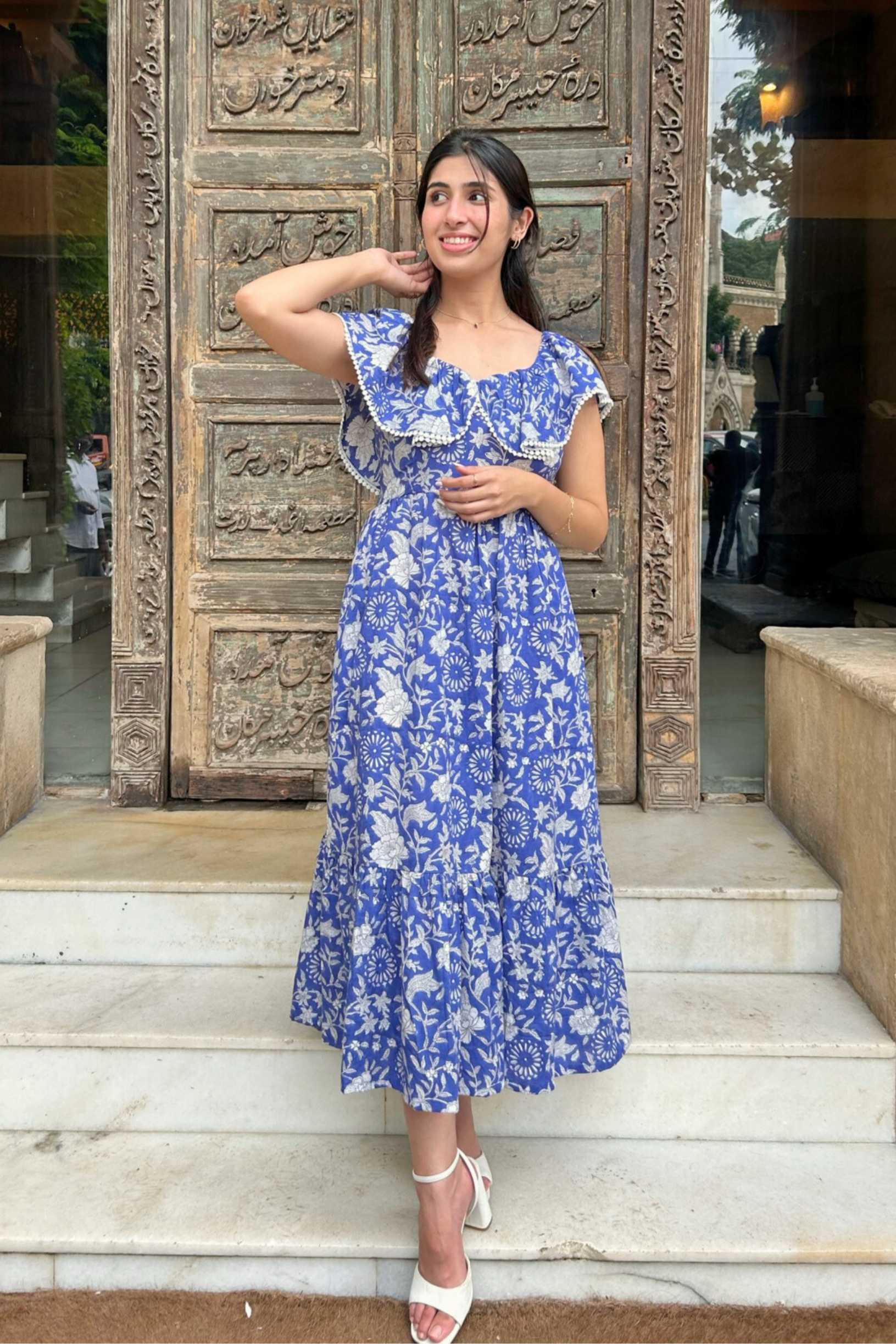 Blue and White Hand Printed Maxi Dress with Pocket