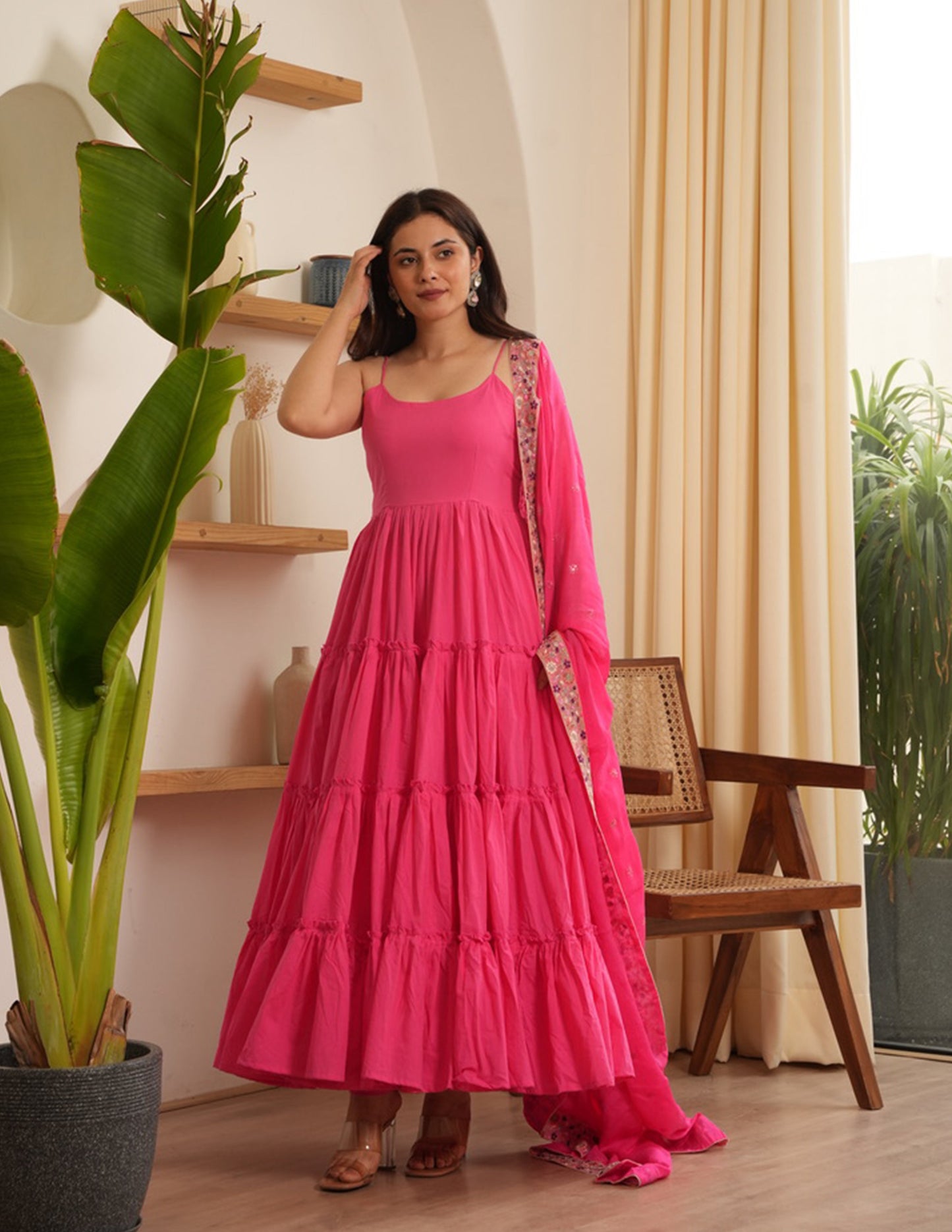 Ariel Pink Cotton Flare Anarkali Set with Sequin Work Dupatta