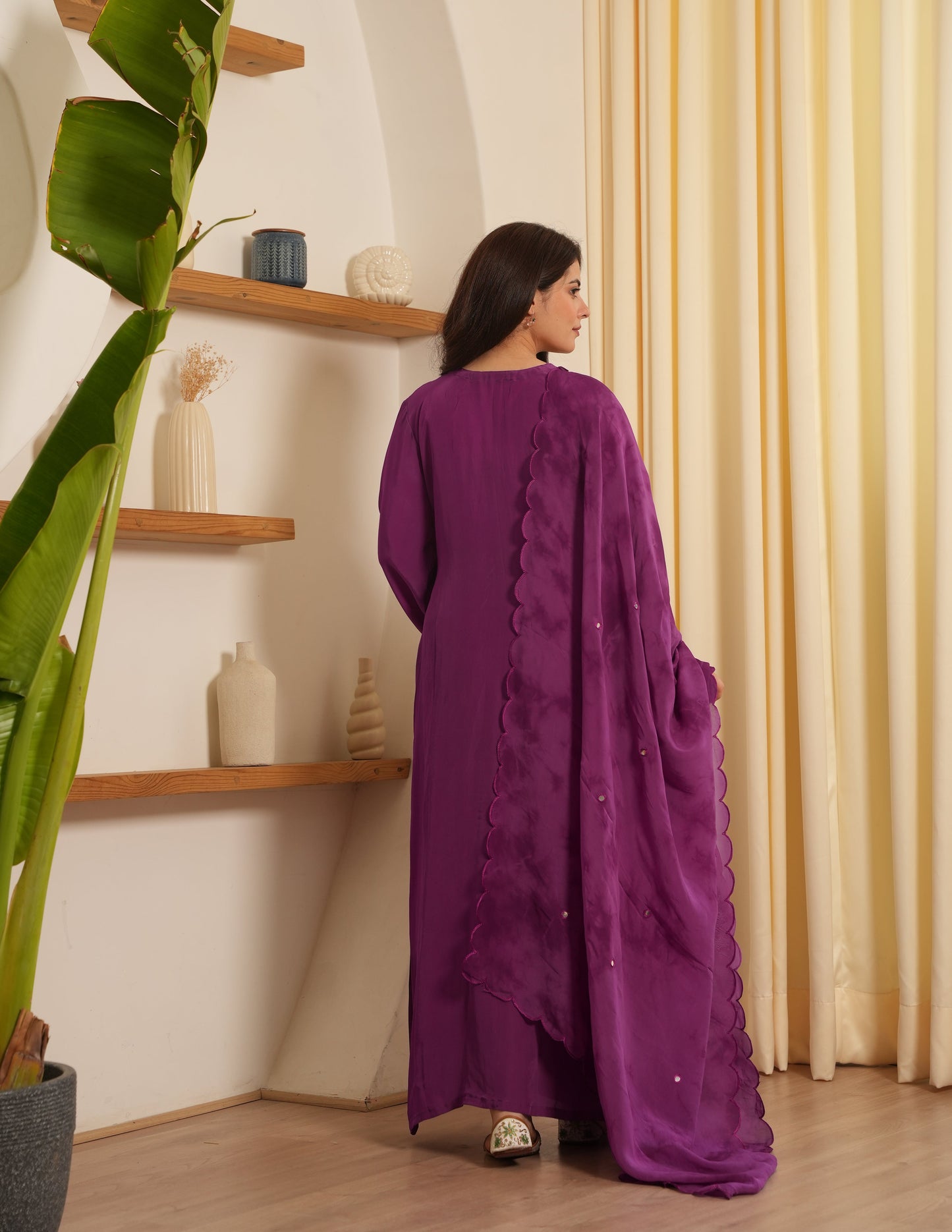 Purple Silk Shibori Mirror Work Staright Suit Set