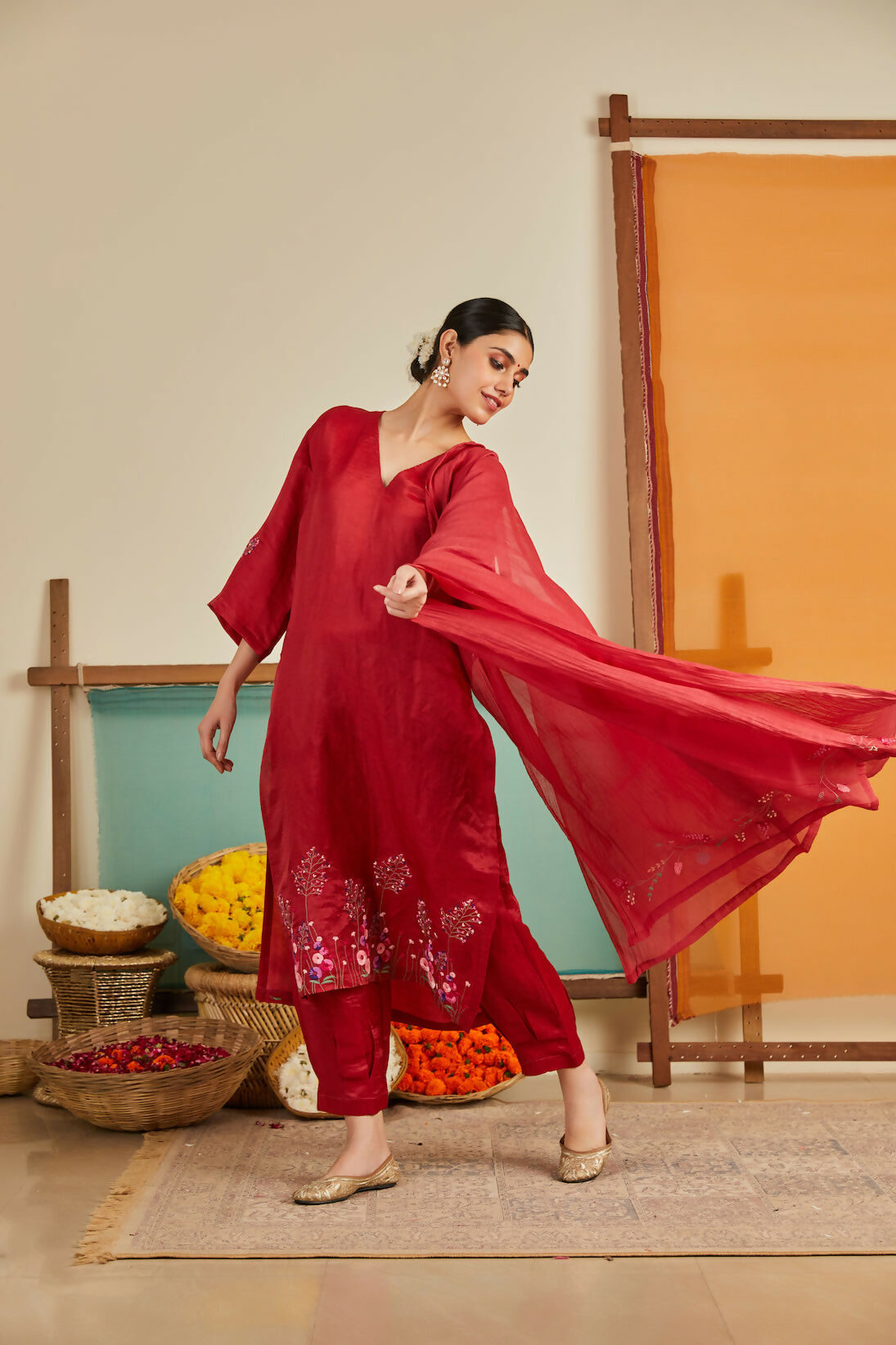 Rukhsaari Red Chanderi Kurta Set