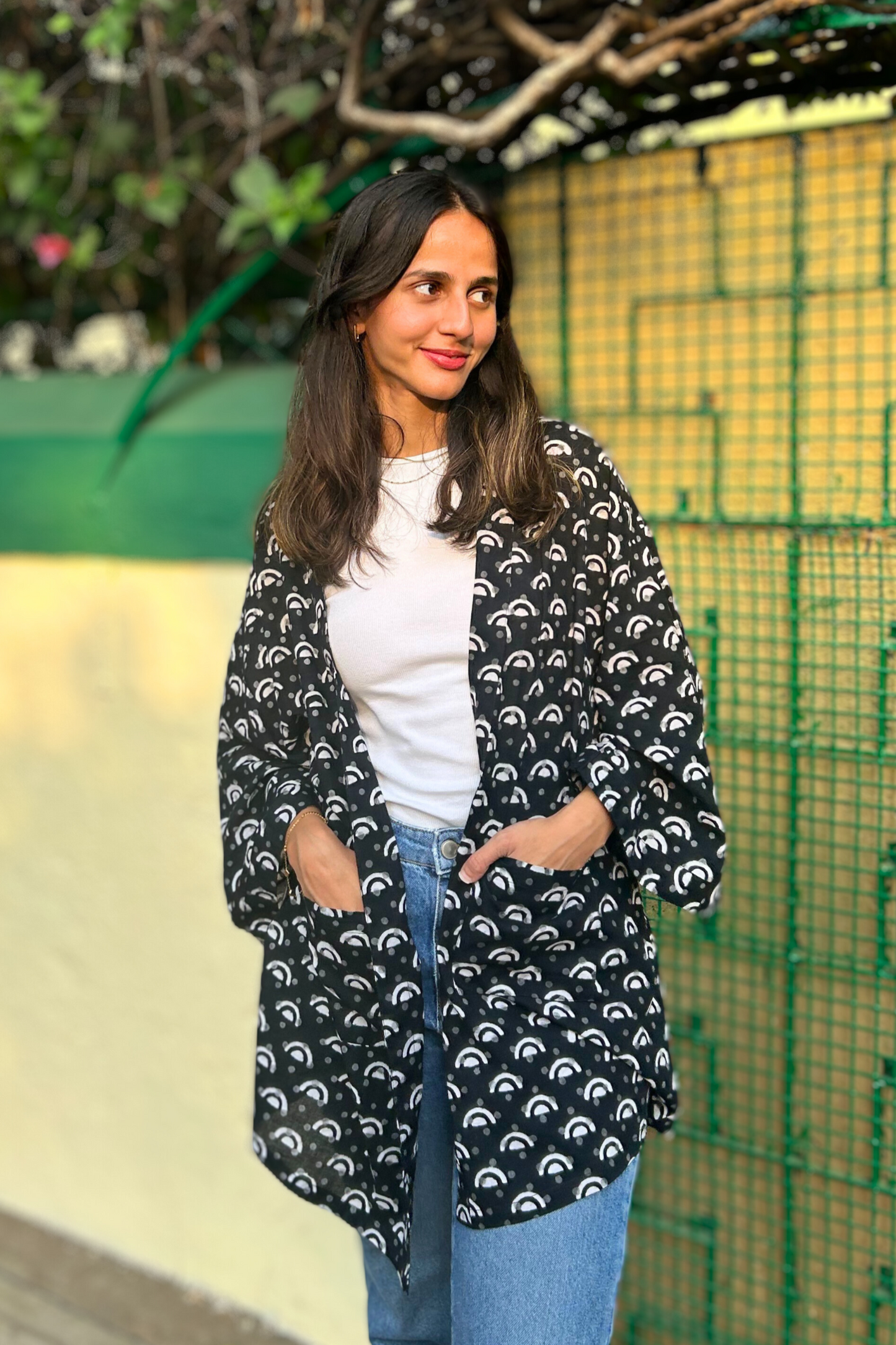 Black And White Pure Cotton Geometric Hand-Printed Shrug