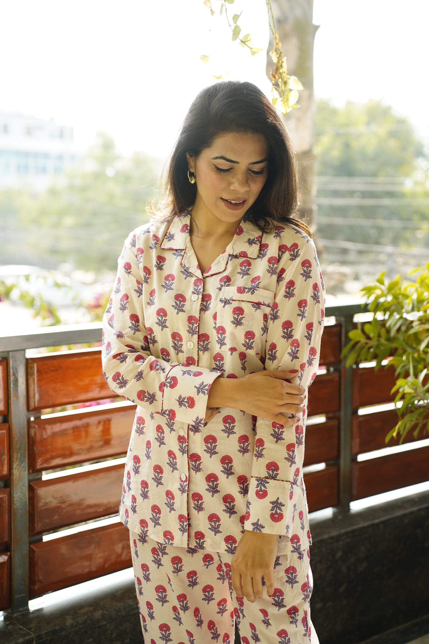 Printed Cotton Lapel Collar Lounge Set