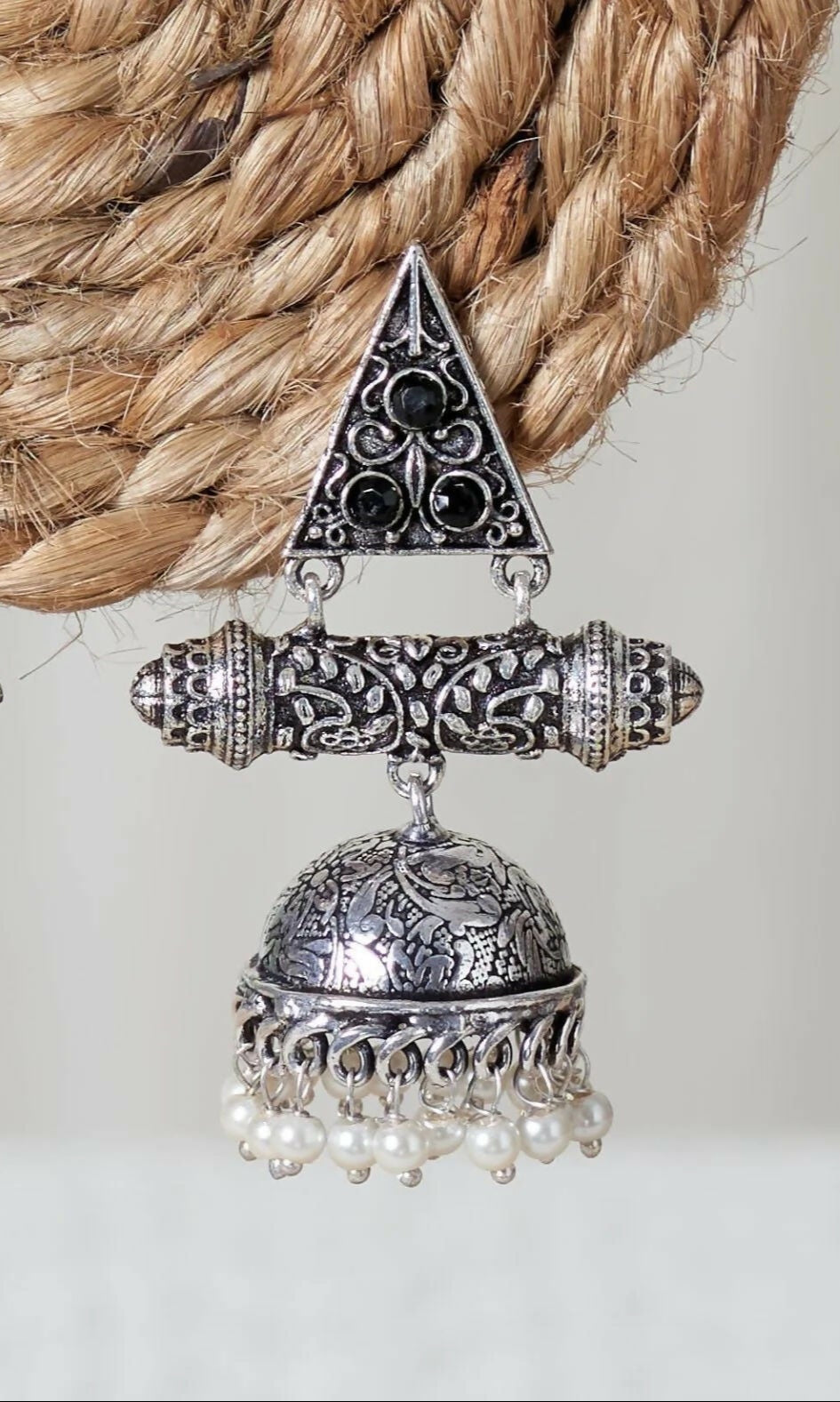 Jhumka Oxide Earrings Handmade Oxidized Silver Pearl Floral Stud