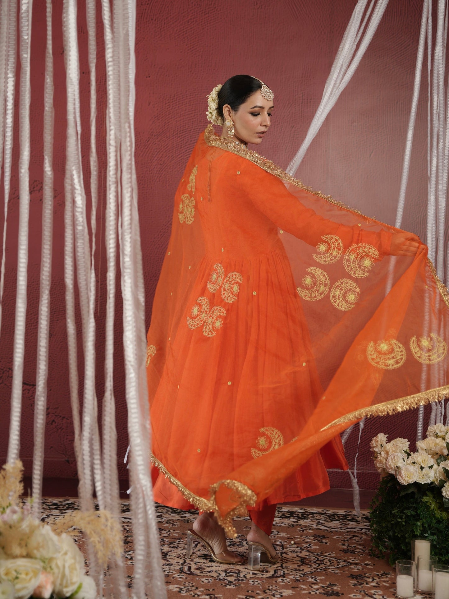 Chaand Orange Silk Anarkali with Dhoti Bottom
