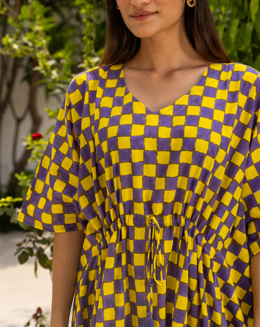 Chequer Hand Block Printed Cotton Midi Kaftan