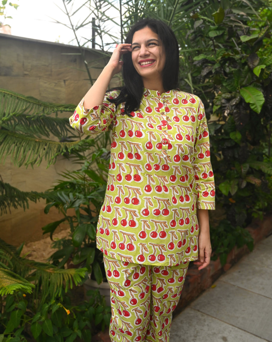 Cherries Short Kurta Pyjama - Soft Cotton Co-ord Set