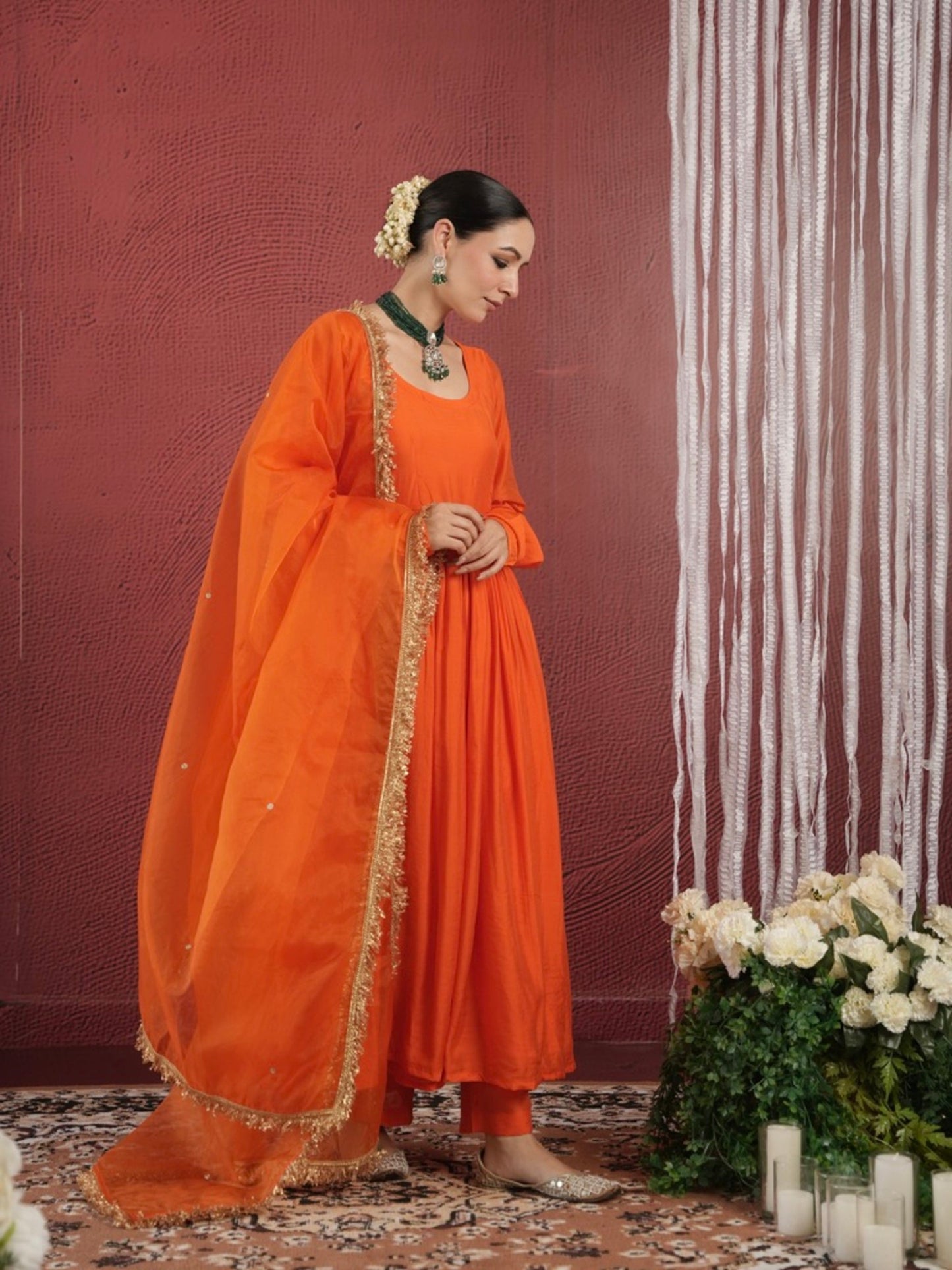 Chaand Orange Chanderi Aariwork Anarkali Suit Set