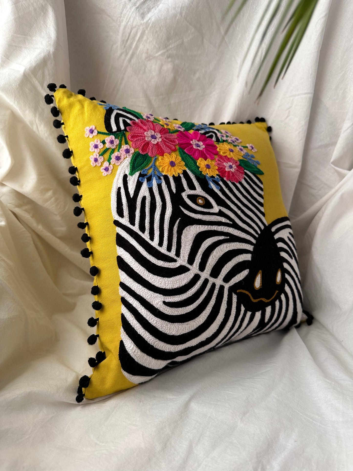 Embroidered Zebra Yellow Cushion Cover