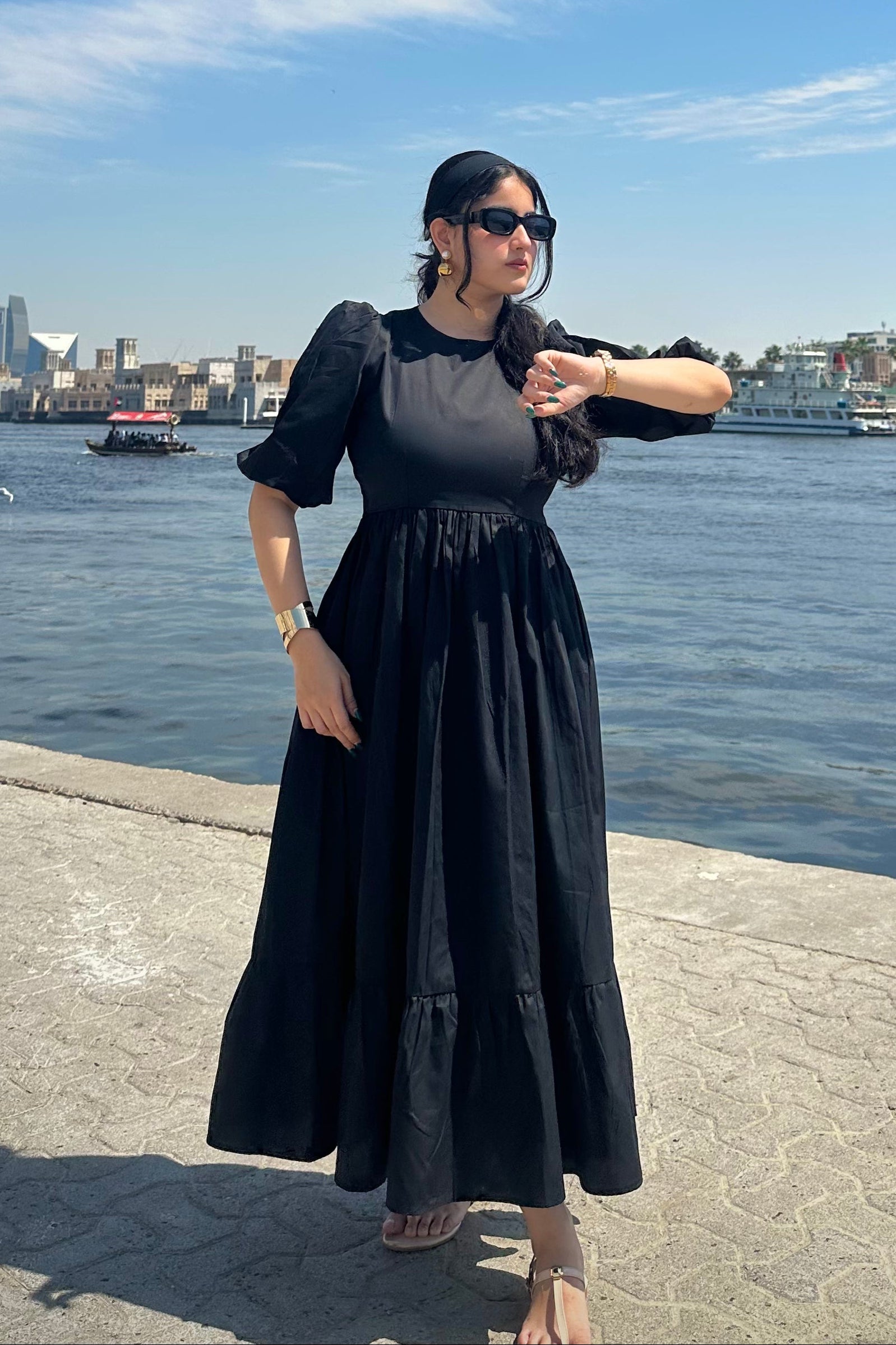 Black Puff Sleeves Maxi Dress - Main Image