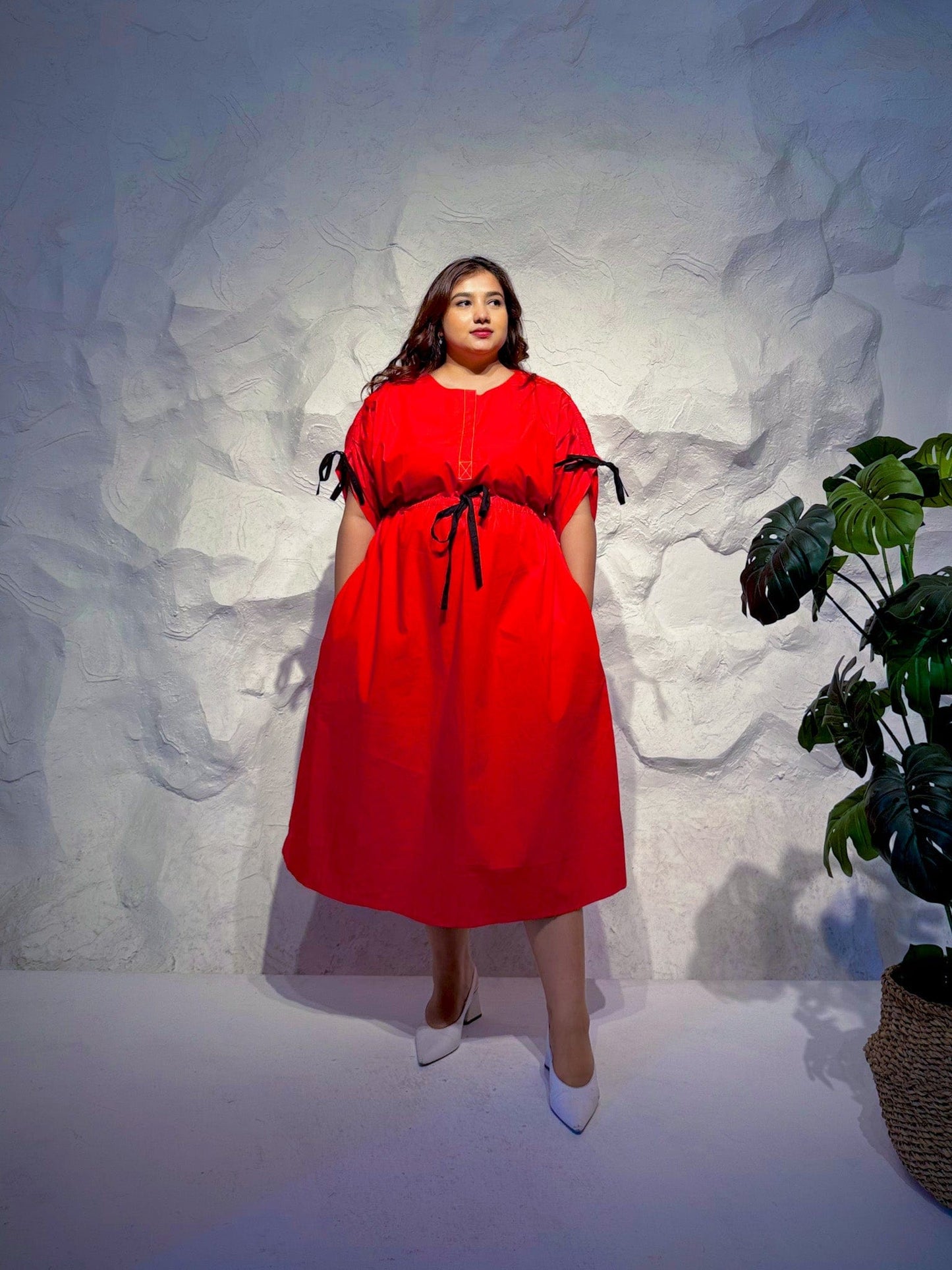 Crimson Drawstring Midi Dress