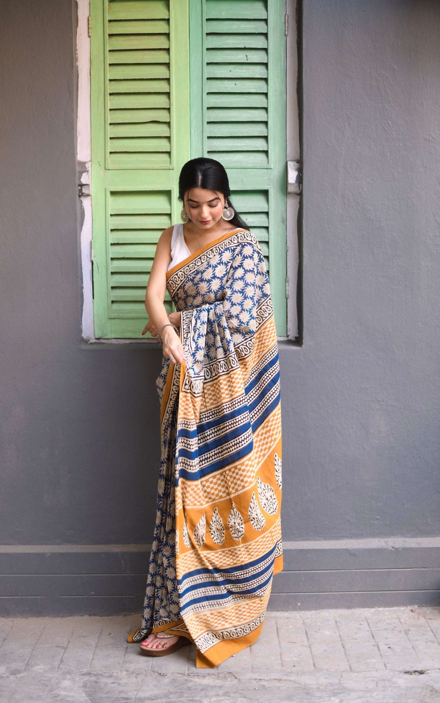 Blue Jasmine Bagru Handblocked Saree