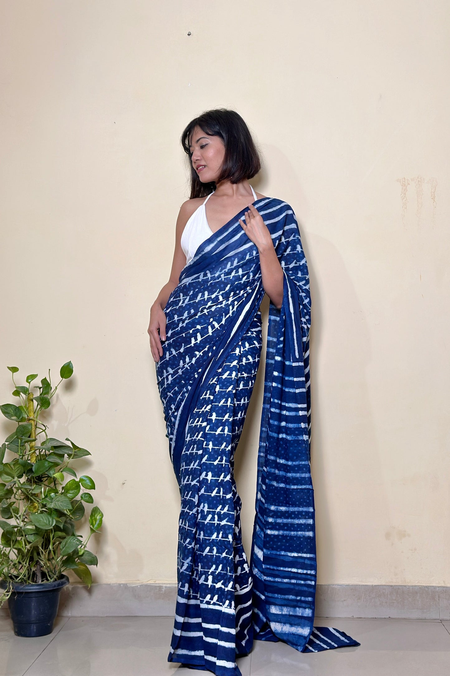 Sonchoraiya Indigo Handblock - Mul Cotton Dabu Saree