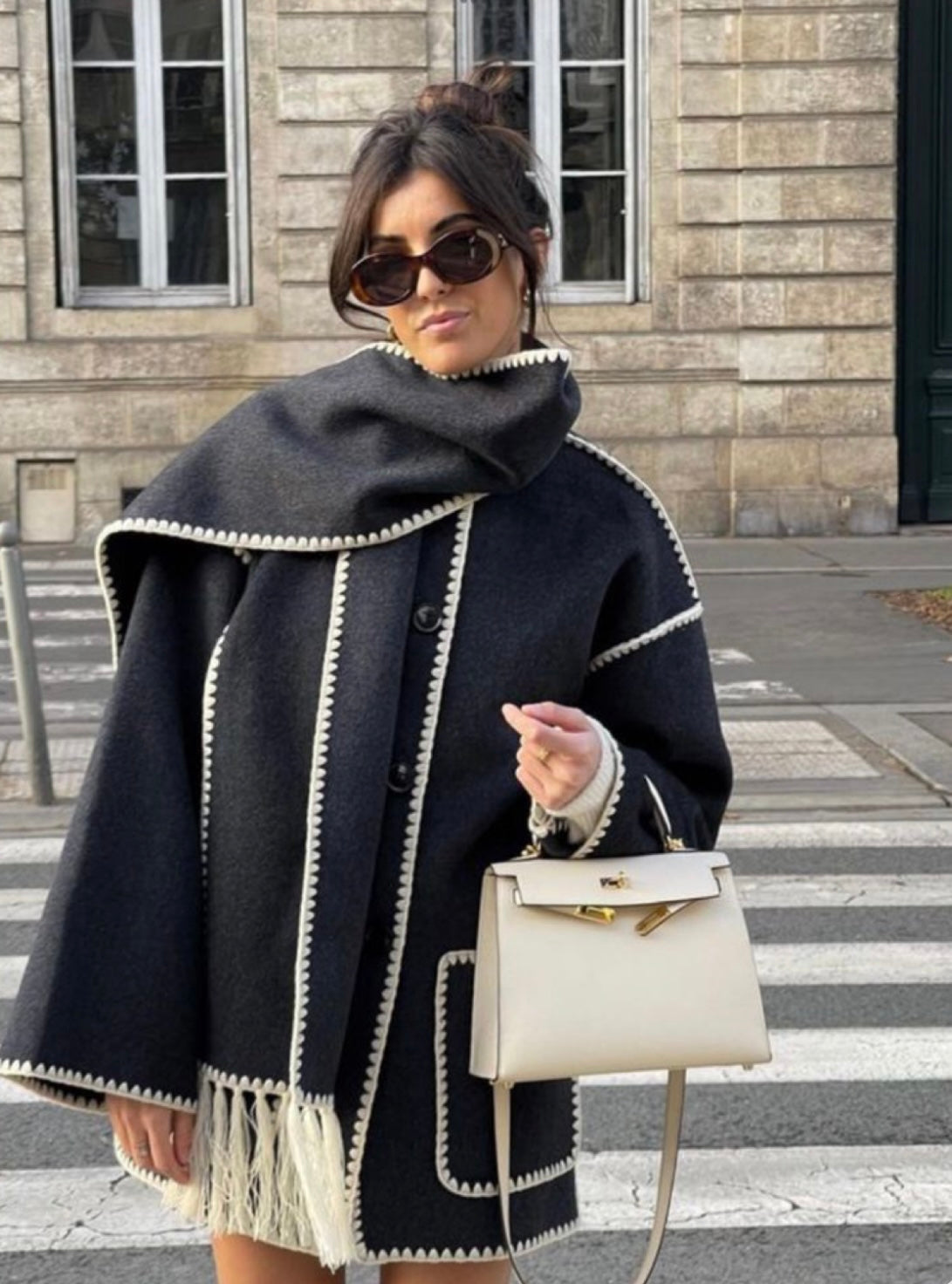 Serena OverCoat With Scarf in Black