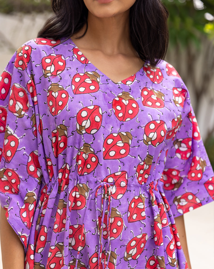 LoveBug Purple Hand Block Printed Cotton Midi Kaftan