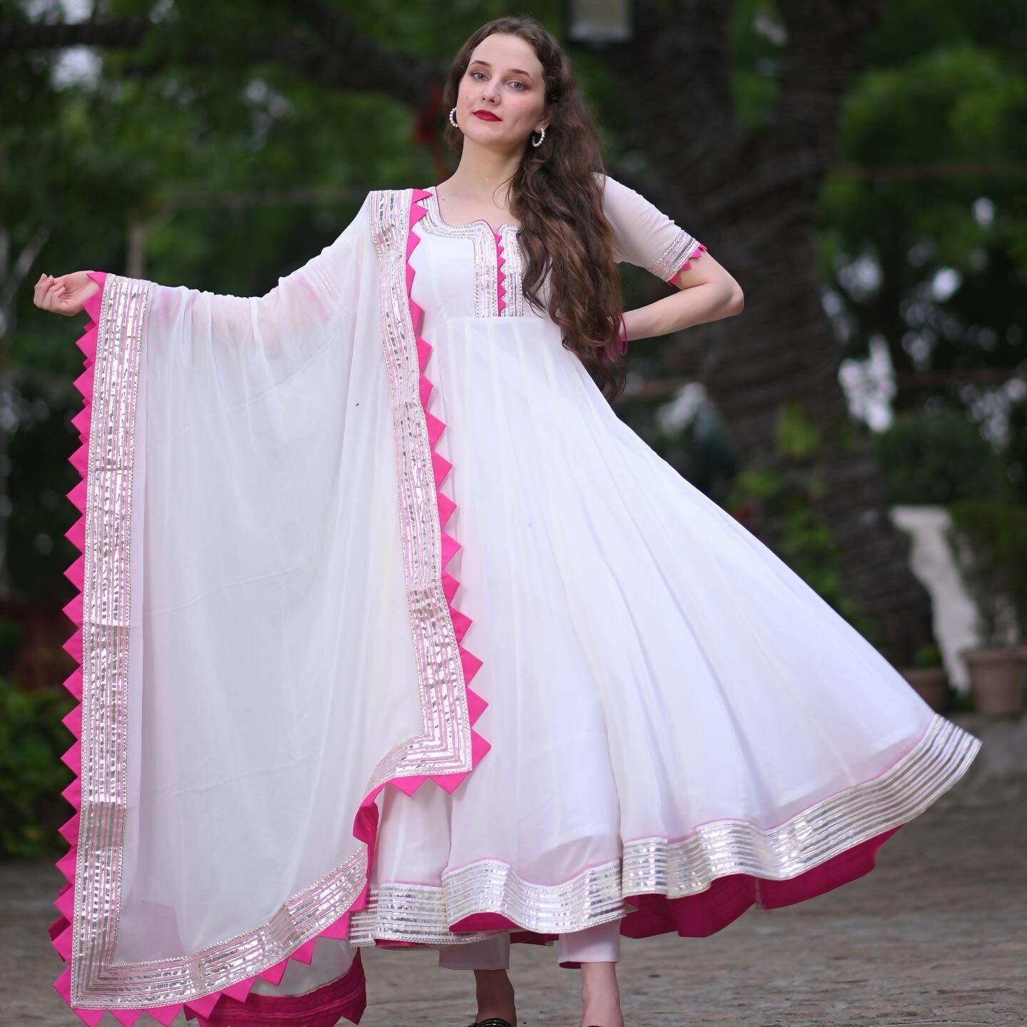 Ira White Georgette Anarkali Suit Set - Main Image