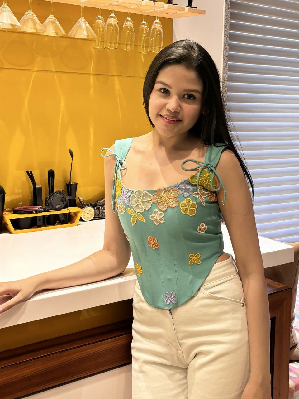 Hand-Embroidered Floral Green Corset Top1