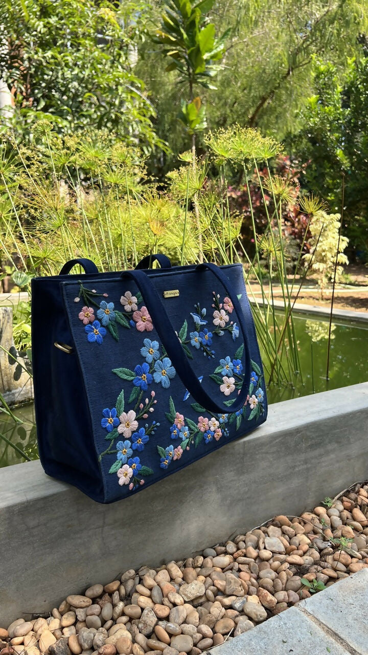 Forget Me Not Floral Embroidered Tote Bag - Main Image