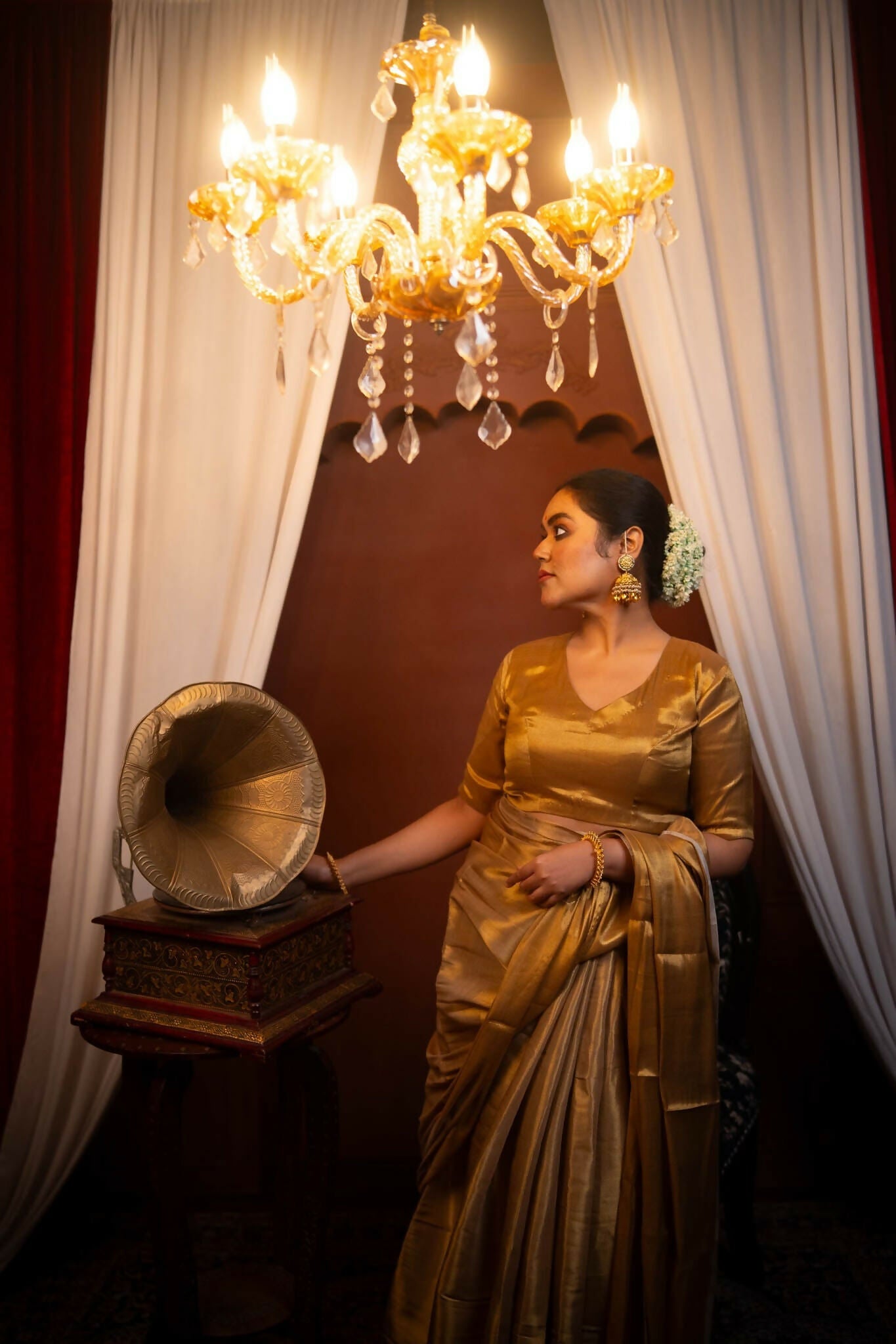 Kanak Golden Cotton Tissue Elbow Sleeve Blouse with V neck