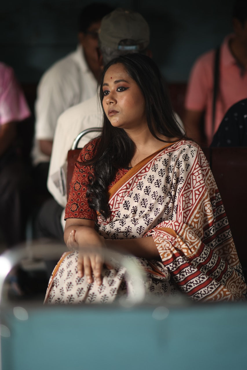 Beige Bagru Handblocked Mulmul Cotton Saree