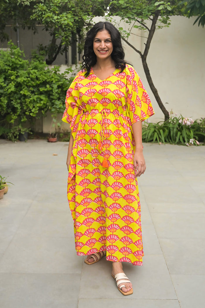 Seashells Hand Block Printed Cotton Kaftan