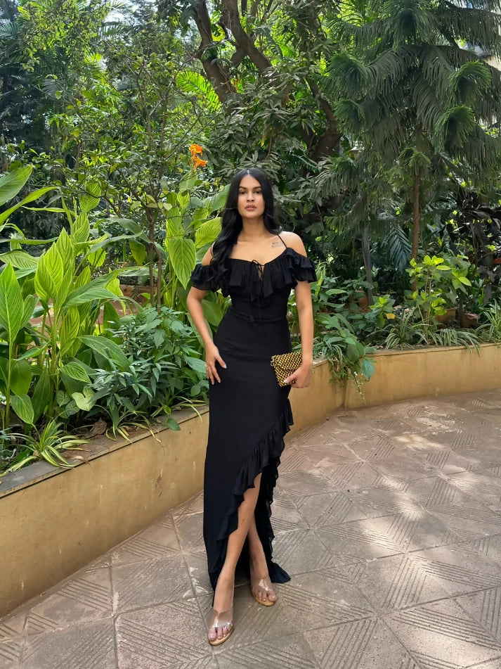 Black ruffle dress sales