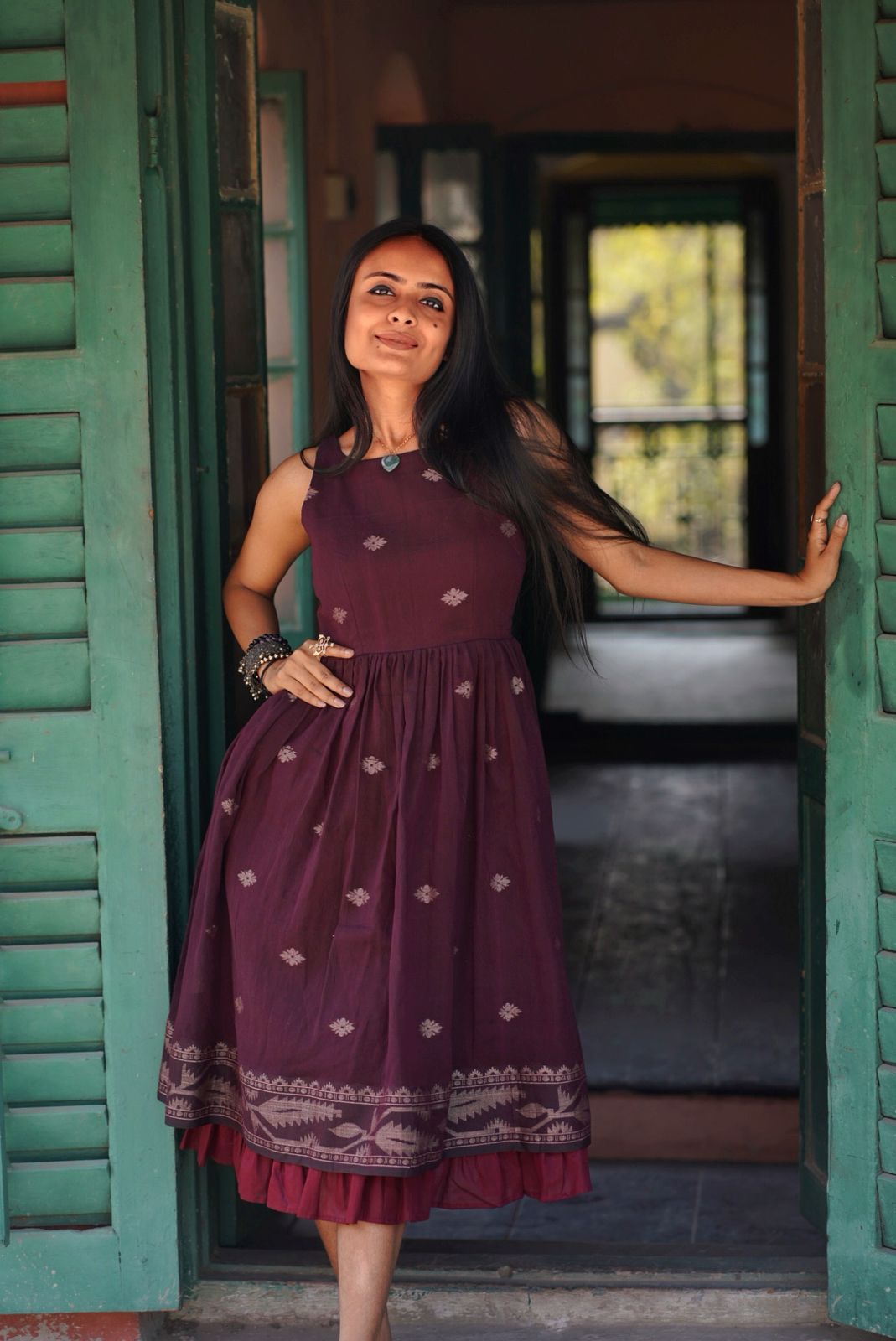 Wine Whisper Jamdani Cotton Dress