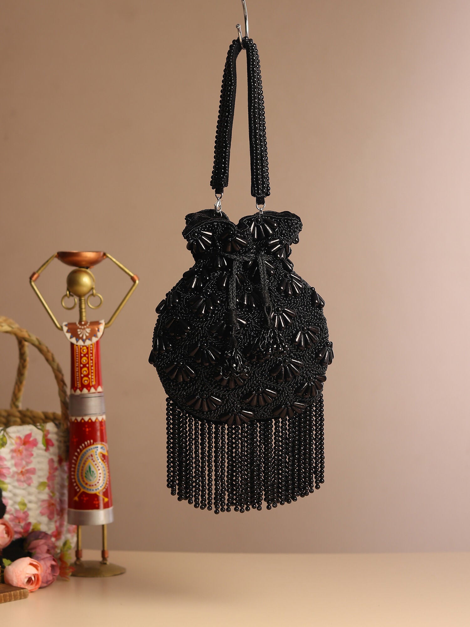 Ebony Pearl Black Velvet Potli Bag – Local Nation