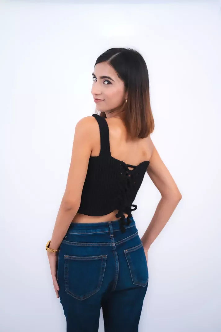 Scarlett Black One-Shoulder Crochet Top