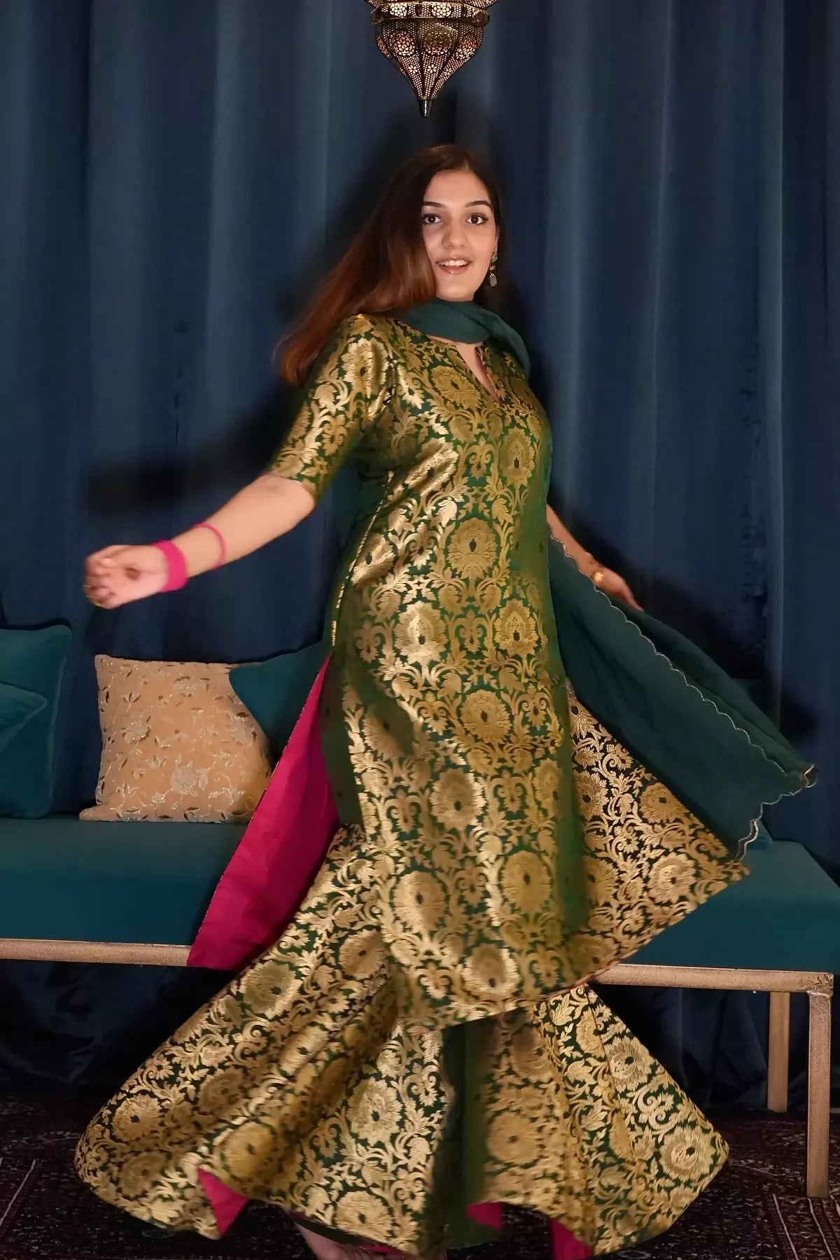 Meera Banarasi Silk Brocade Gharara Set Dark Green