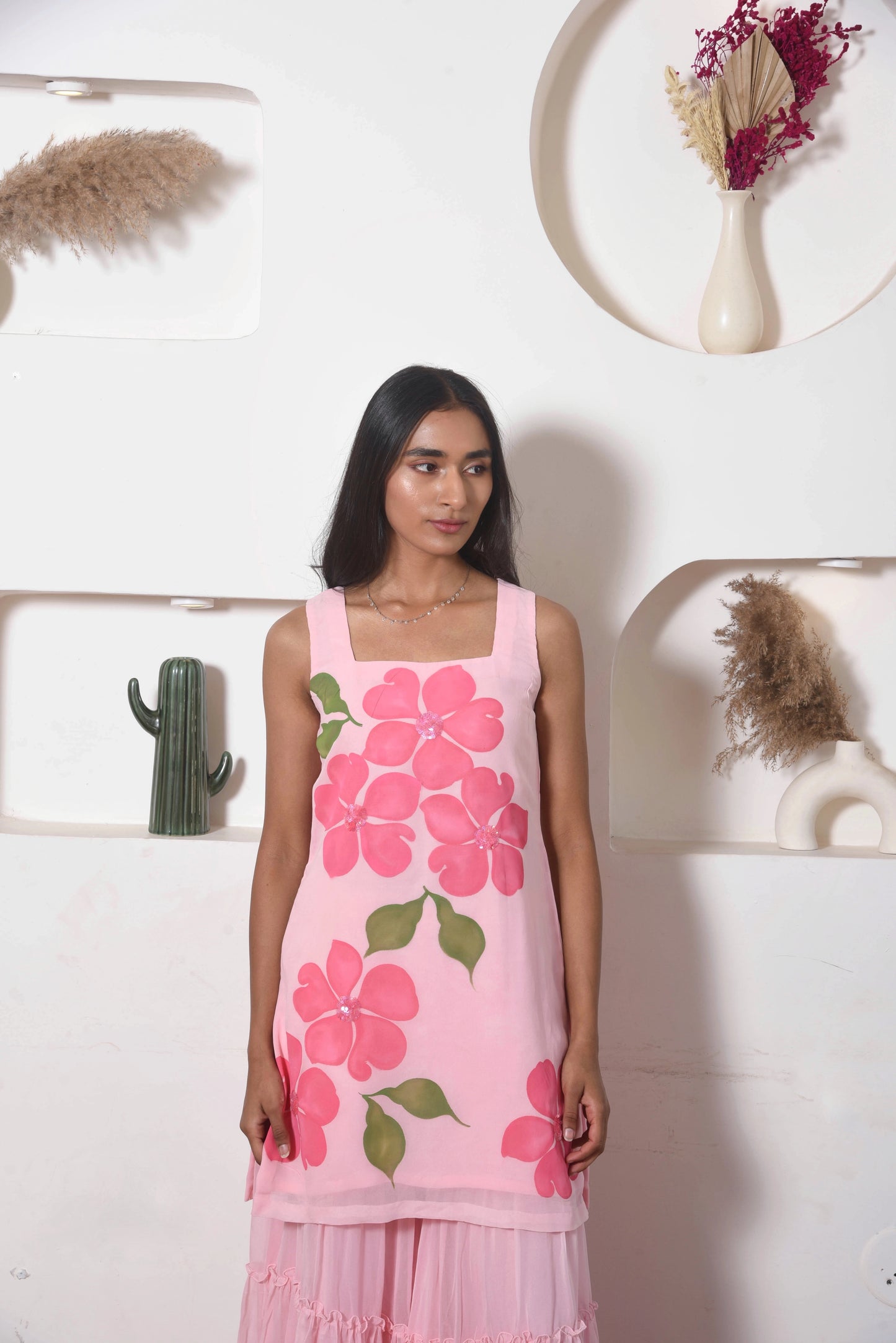 Handpainted Flora Georgette Sharara Set in Pink
