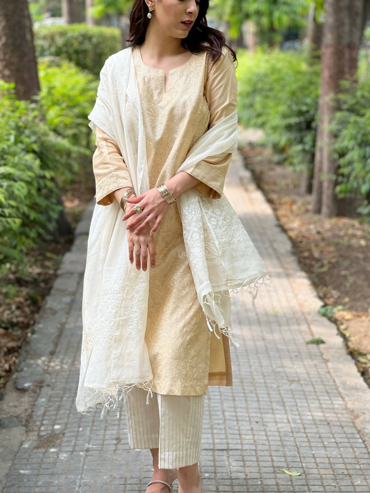 Beige Embroidered Chanderi Kurta Set