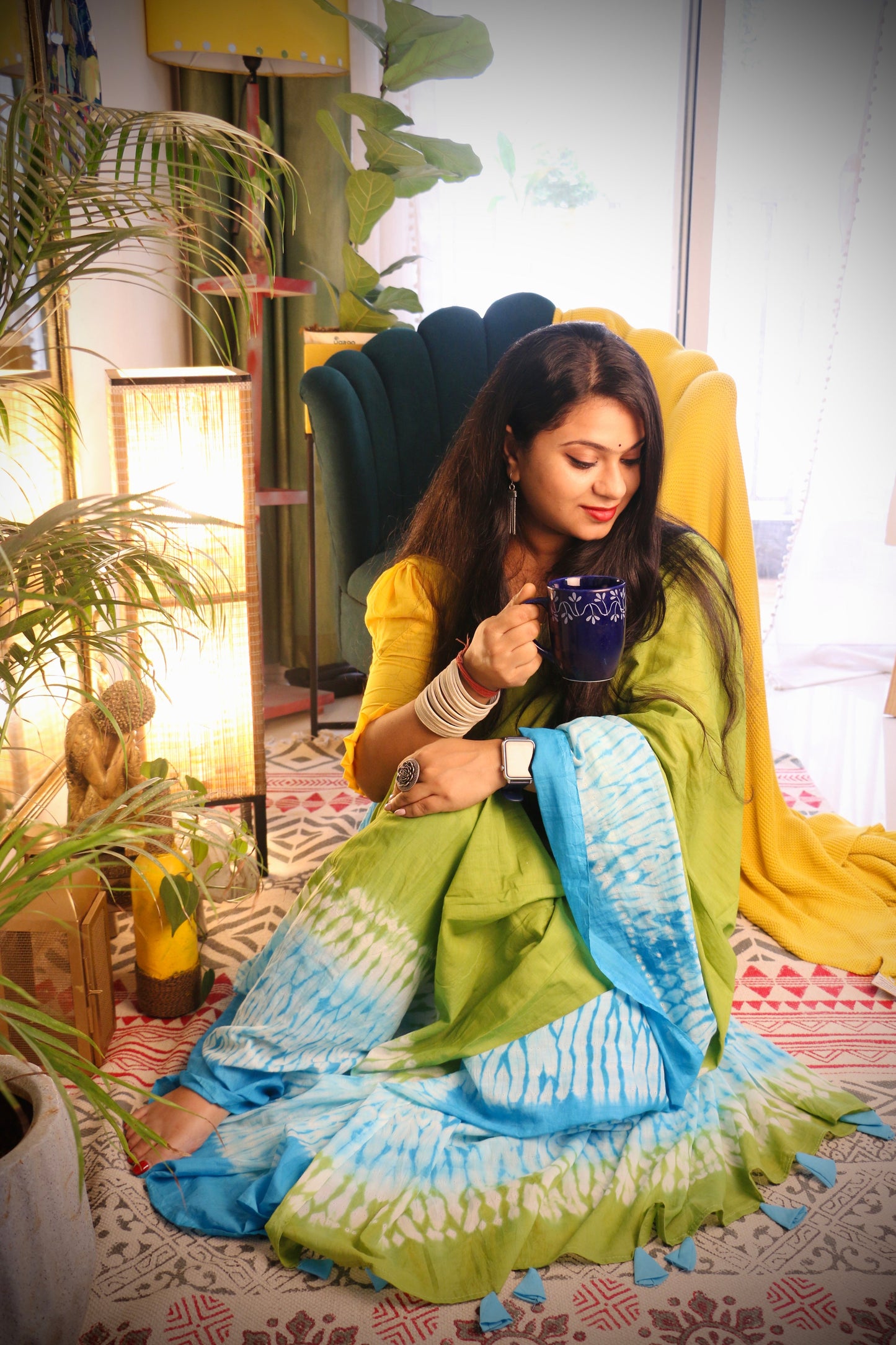 Firozi Tie & Dye Shibori Print Mulmul Cotton Saree