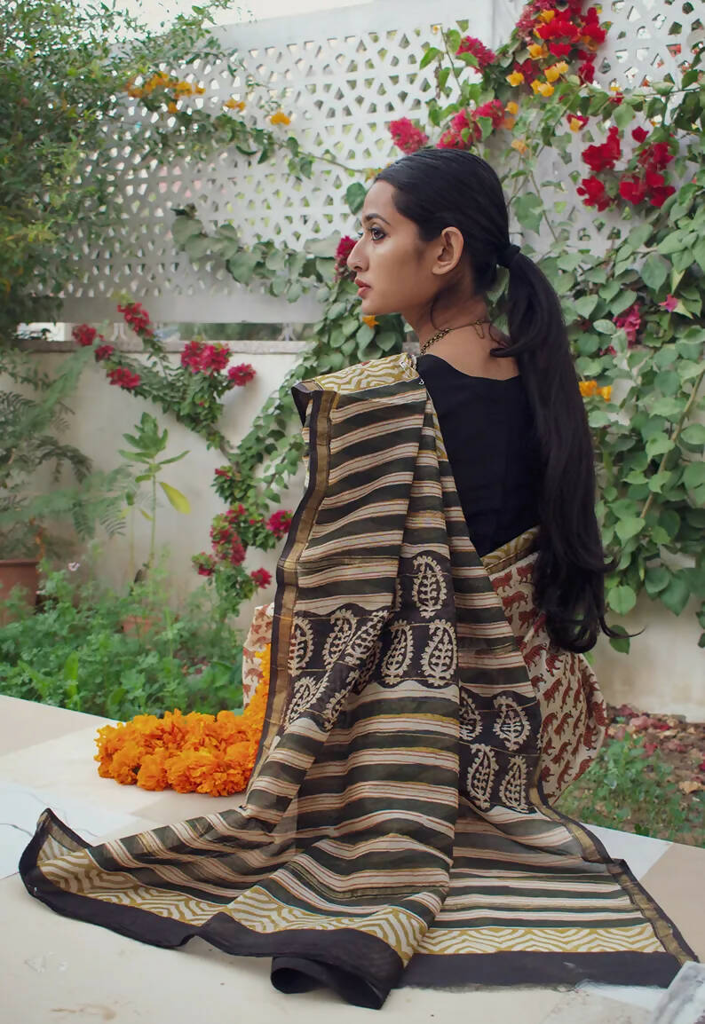 Tigress Block Print Chanderi Silk Saree