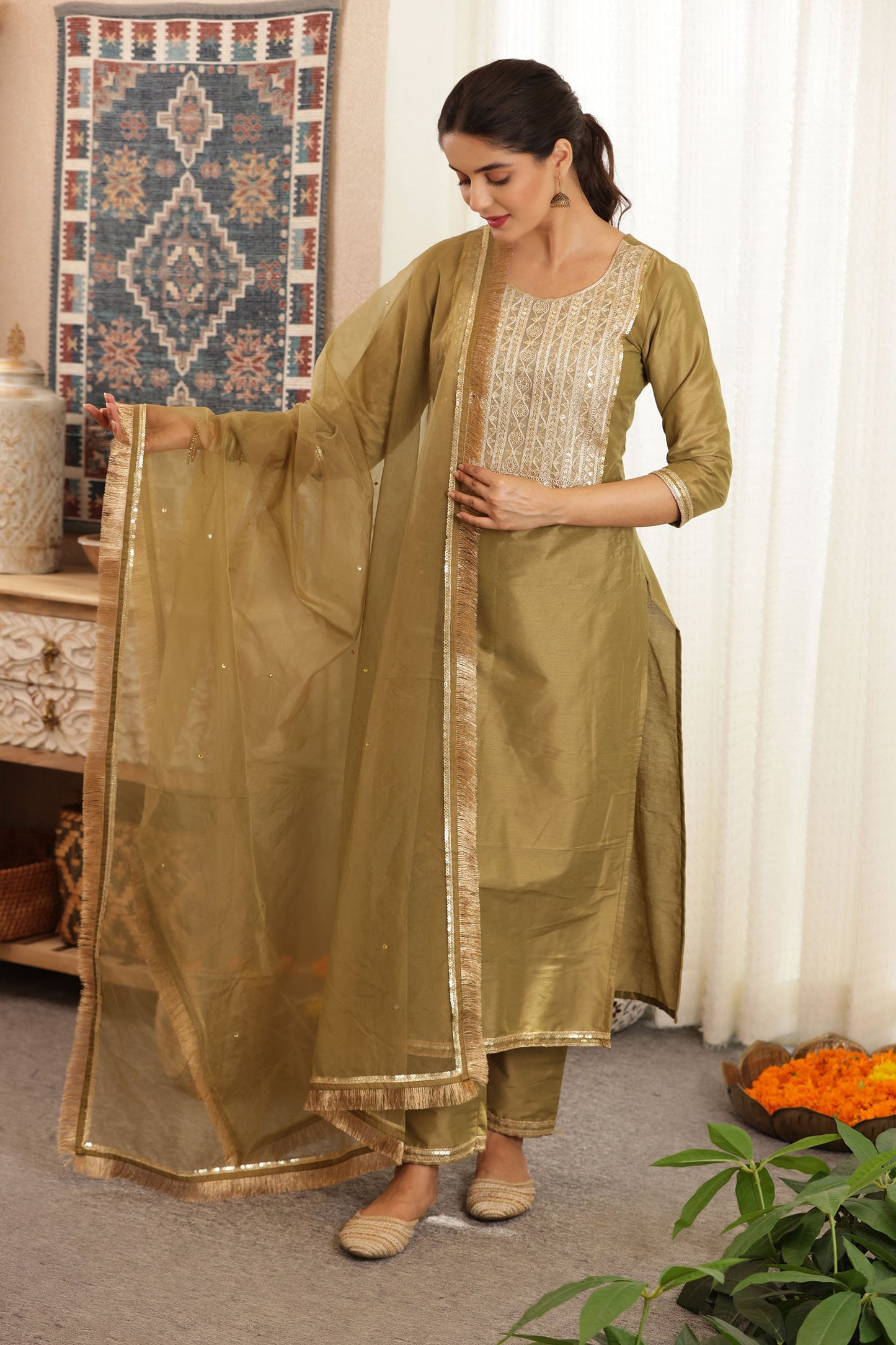 Green Silk Straight Suit Set