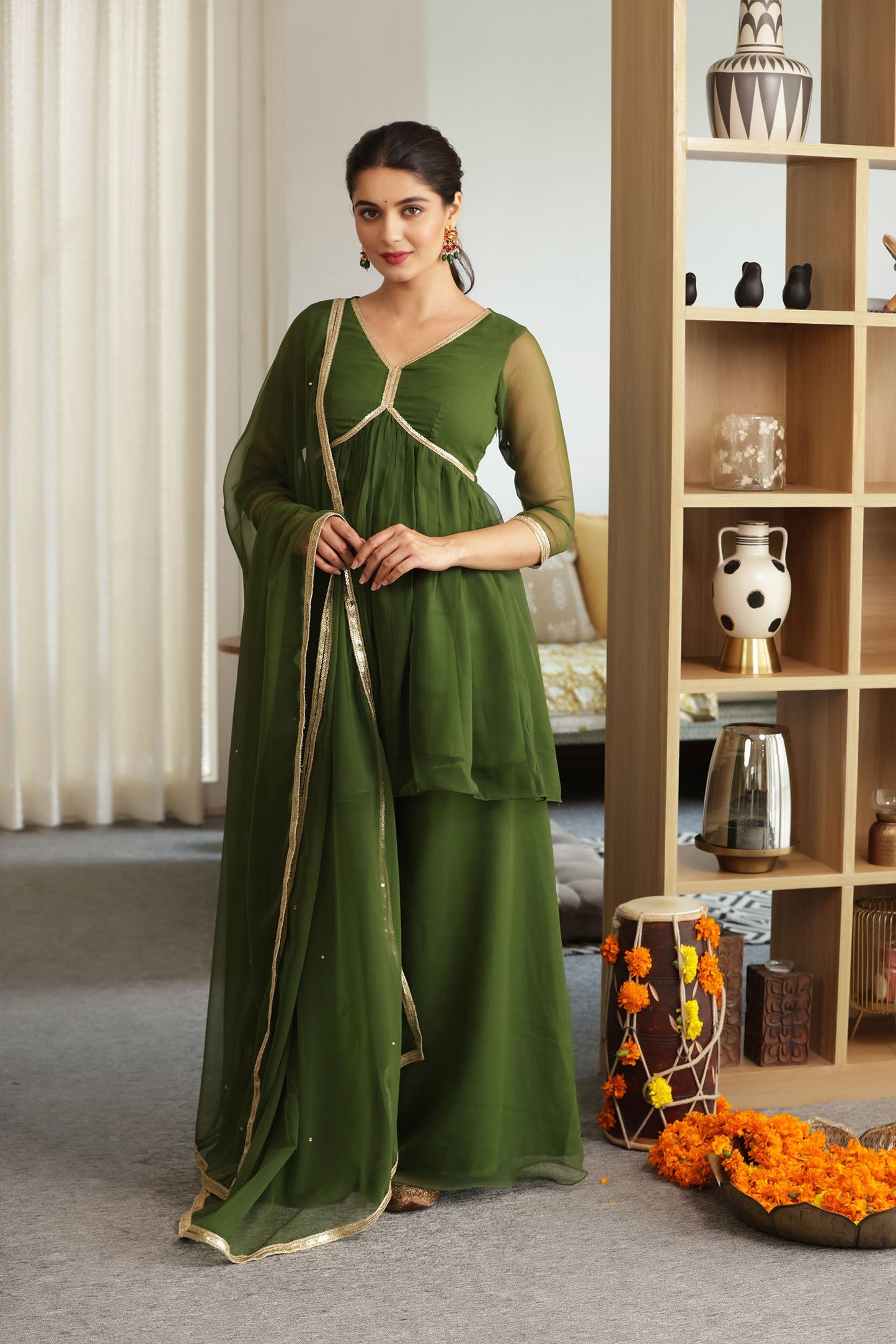 Jannat Green Georgette Sharara Set