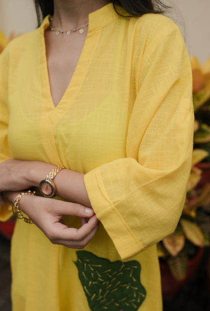 Yellow Lotus Embroidery Shirt Dress