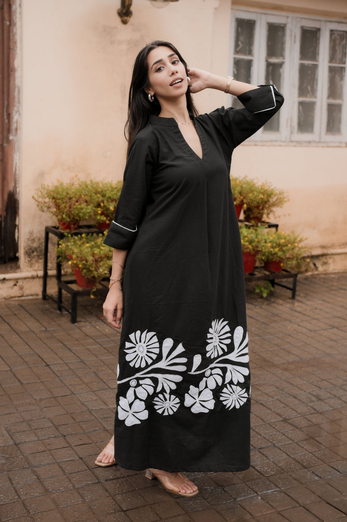 Bold Black Floral Embroidered Shirt Dress