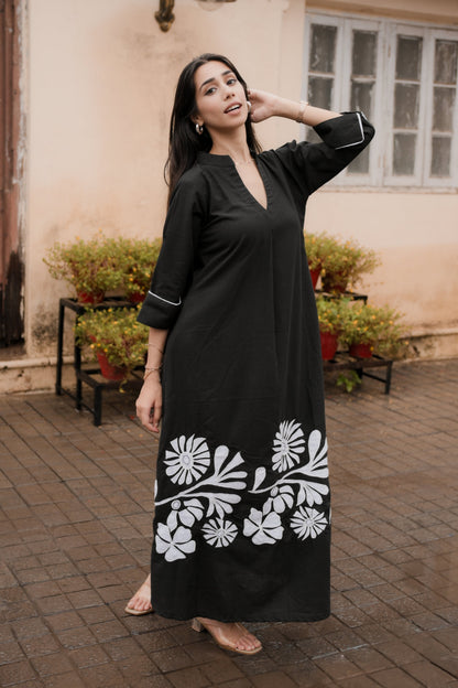 Bold Black Floral Embroidered Shirt Dress