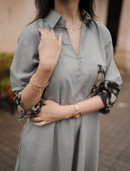 Grey & Black Collared A-Line Cotton Dress